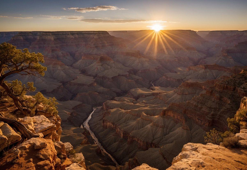 The sun sets over the vast Grand Canyon, casting a warm glow over the rugged cliffs and deep valleys. A luxury tour bus stands at the edge, offering a breathtaking view of the natural wonder